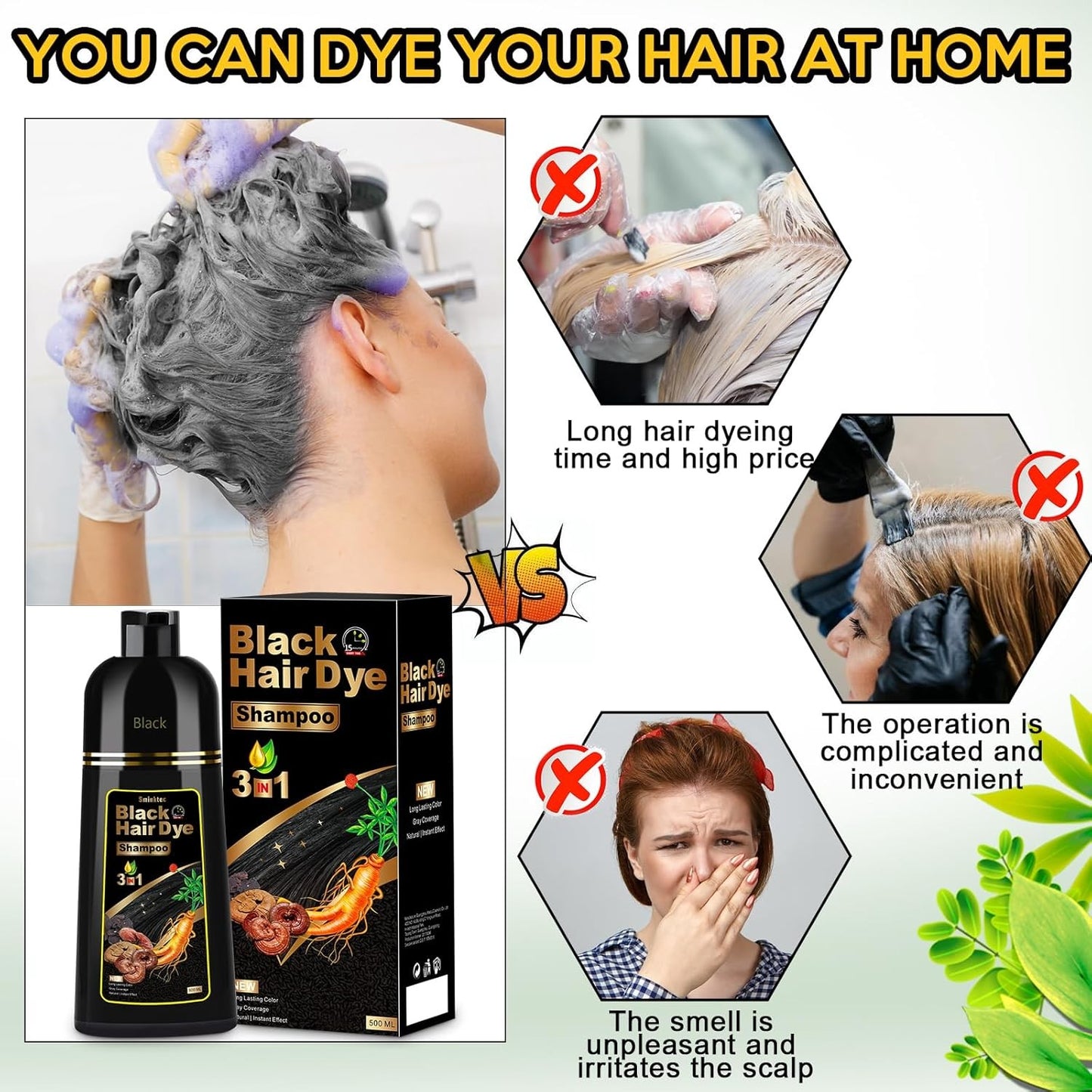 Hair Dye Shampoo 3 in 1 for Gray Hair, Herbal Ingredients Natural Shampoo Hair D