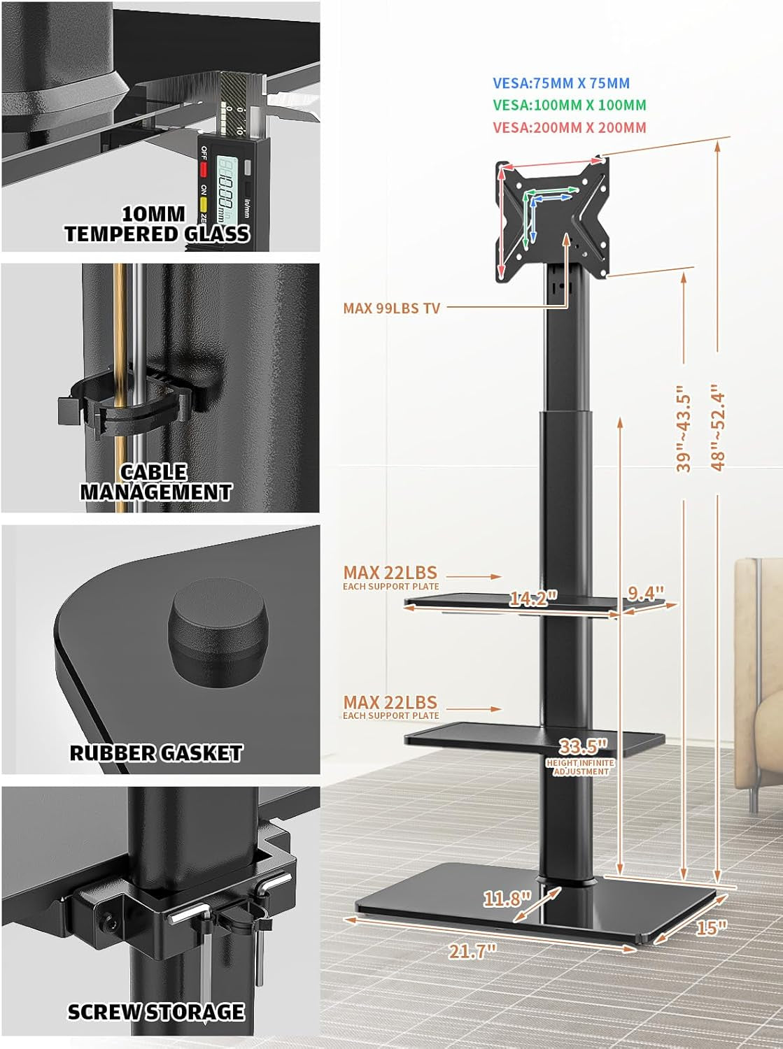 Universal Floor TV Stand with Mount for 19 to 43 Inch Flat Screen TV, 100 Degree Swivel,Adjustable Height and Tilt Function, 3 Shelves Space Saving Standing TV Mount for Bedroom Living Room Corner