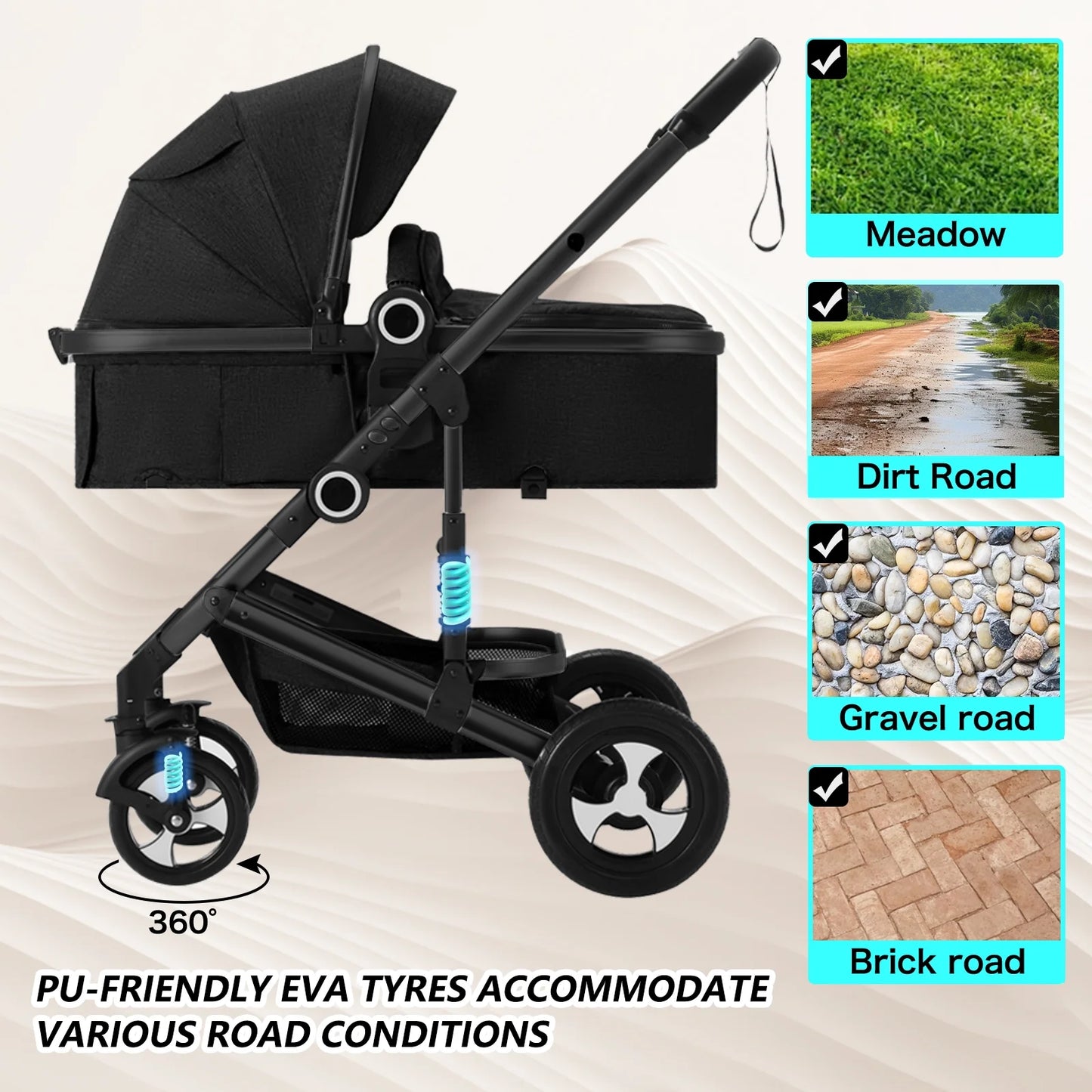 3-in-1 Convertible Baby Stroller with Generous Seating and Adjustable Canopy, 24 lbs, Black