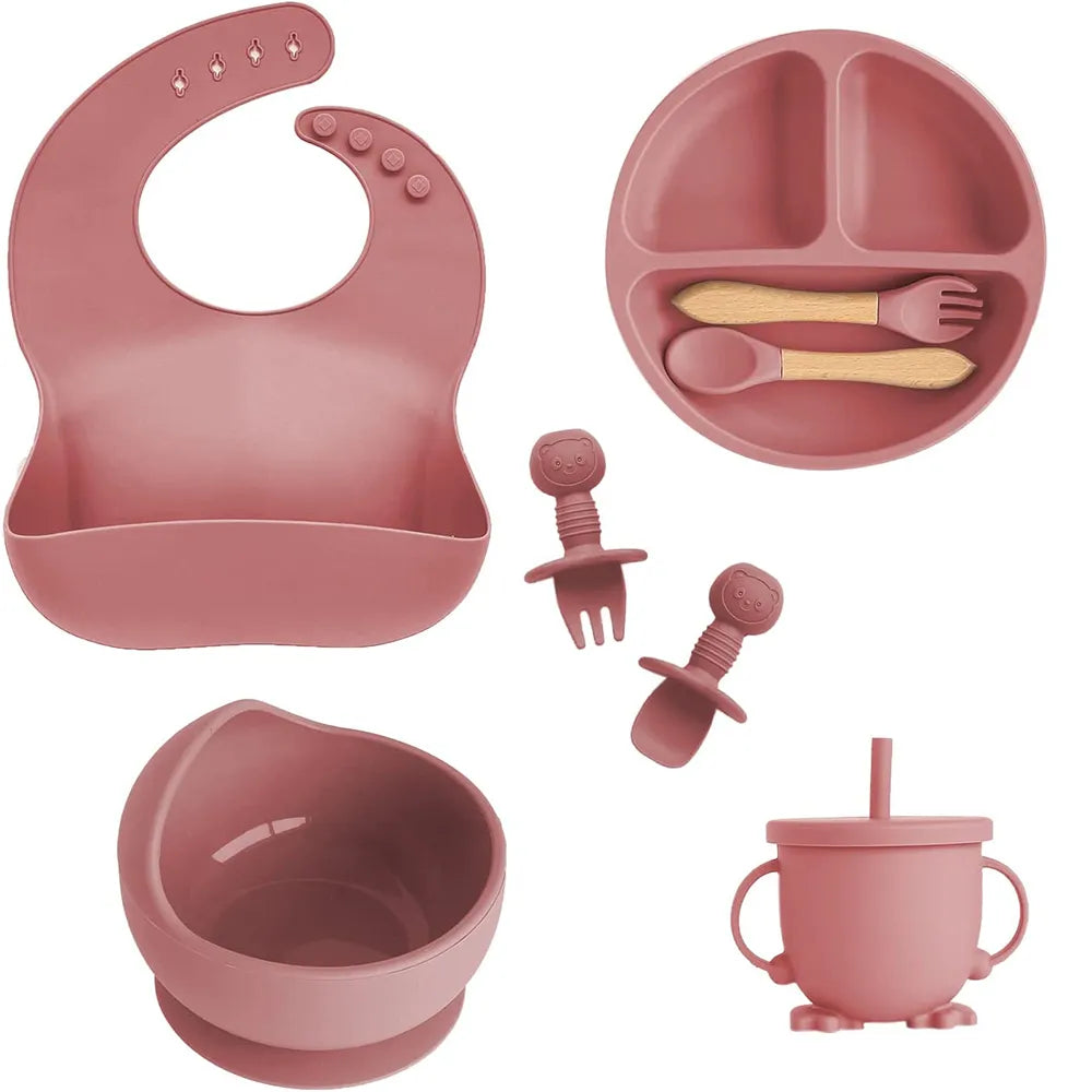 Children's Silicone Tableware Set - 6/8-Piece Dining Essentials with Suction Cups, Forks, Spoons, Bibs, Straws, and Cups for Mothers and Babies