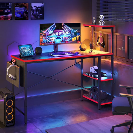 52-Inch Gaming Desk with LED Lighting and Reversible Storage Shelves, Carbon Fiber Computer Desk with Side Storage Bag for Home and Office