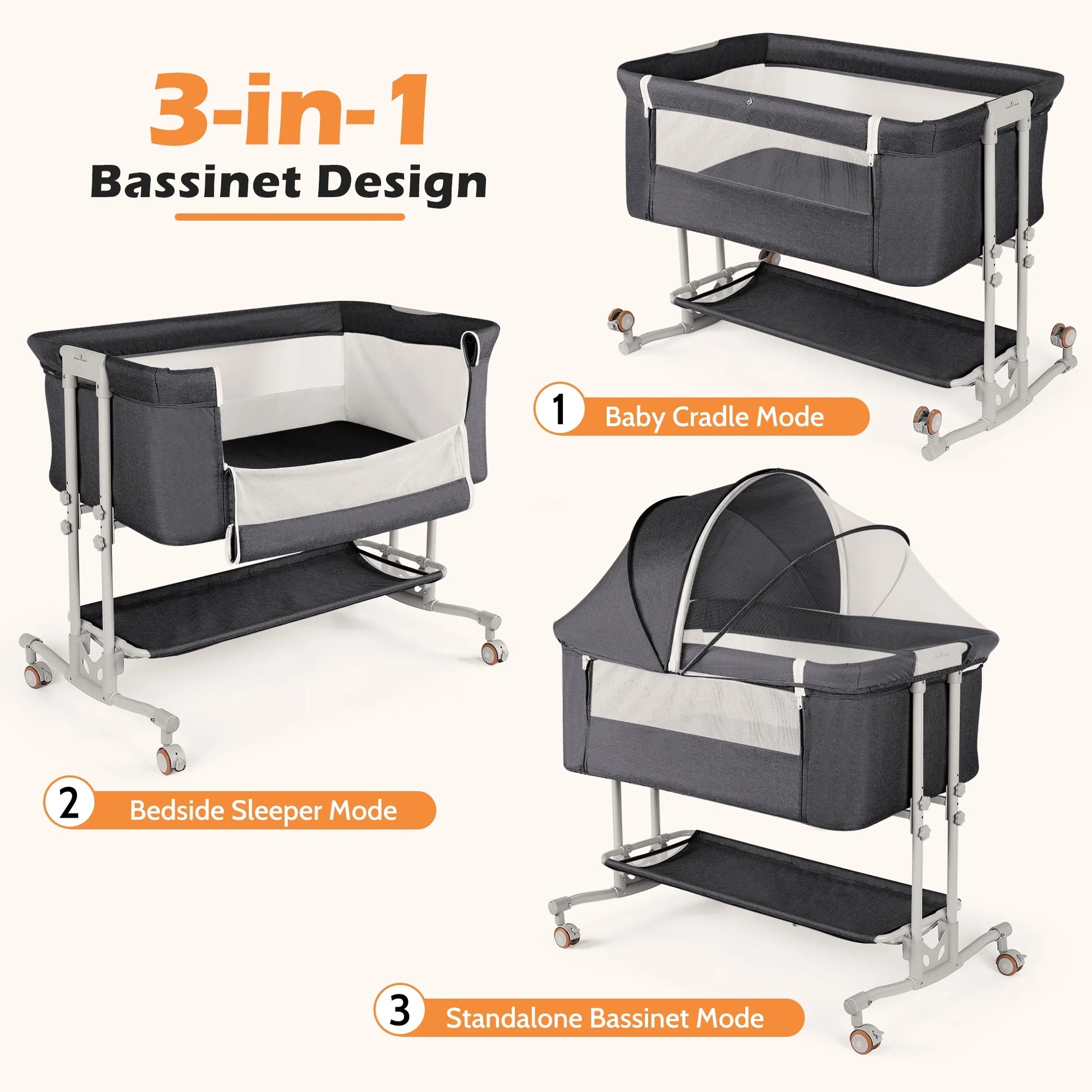 Bassinet Bedside Sleeper for Infants (0-5 Months) - Unisex Dark Gray