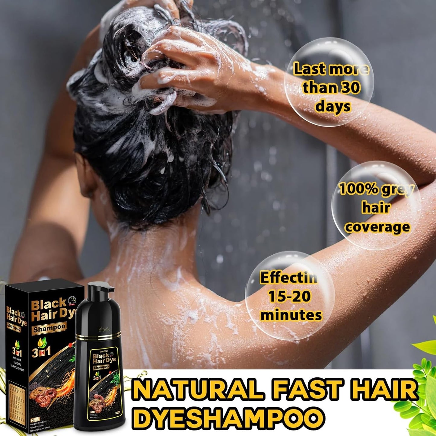 Hair Dye Shampoo 3 in 1 for Gray Hair, Herbal Ingredients Natural Shampoo Hair D