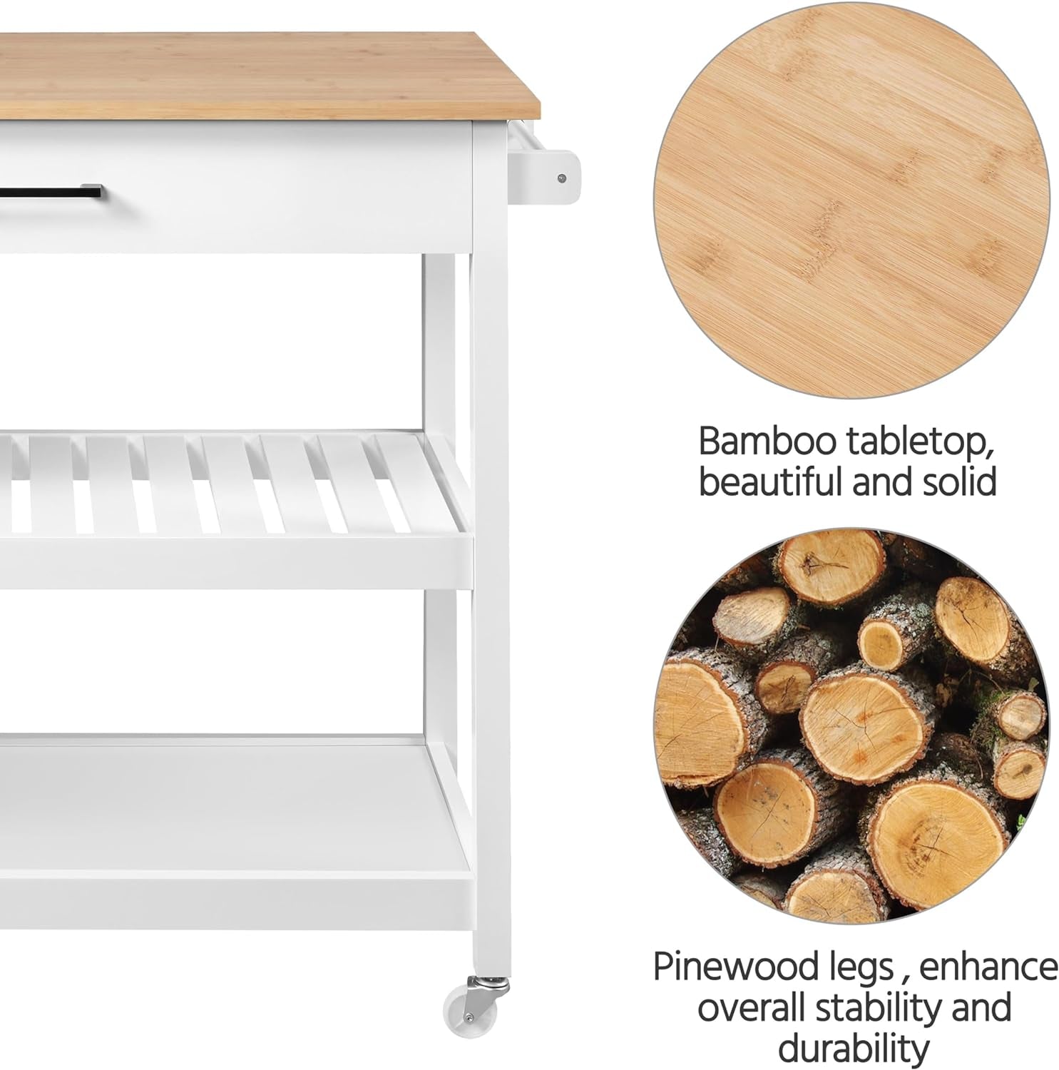 40-Inch Wide Rolling Kitchen Island Cart with Solid Wood Top, Drawer, and 2 Spacious Storage Shelves - Versatile Utility Trolley for Dining Room, White