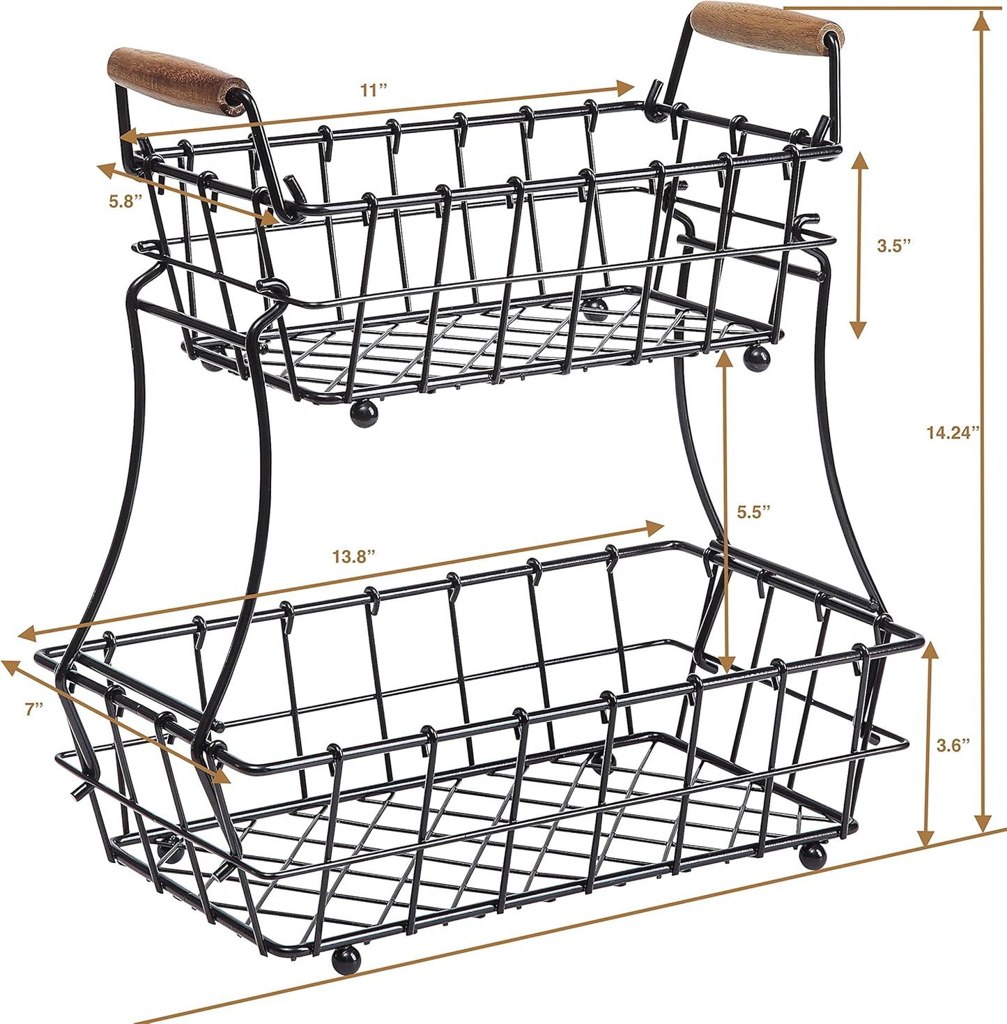 2-Tier Rectangle Countertop Fruit, Bread Wire Basket (Black, Metal)