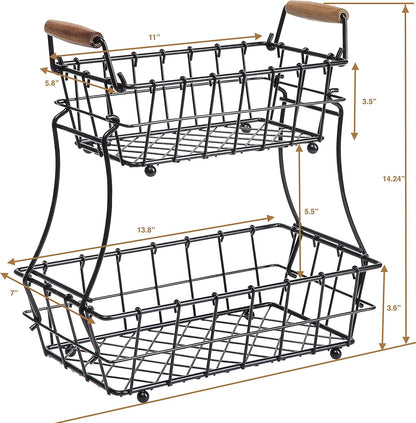 2-Tier Rectangle Countertop Fruit, Bread Wire Basket (Black, Metal)