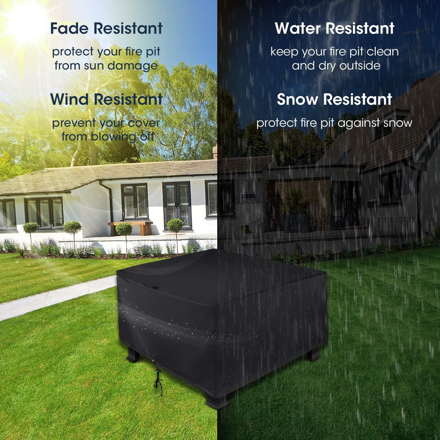 Square Fire Pit Cover 38 Inch, Heavy Duty Waterproof Fire Table Cover, Outdoor Firepit Protector with Drawstring and Handles, All Weather Protection, Black