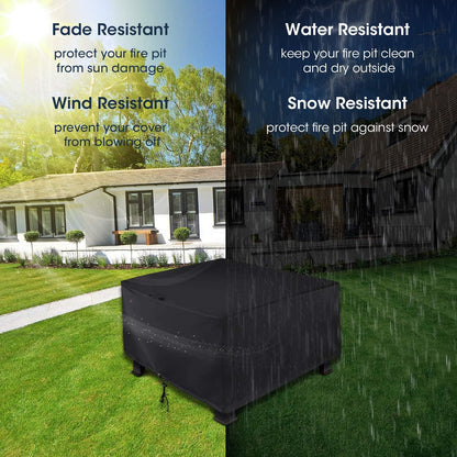 Square Fire Pit Cover 38 Inch, Heavy Duty Waterproof Fire Table Cover, Outdoor Firepit Protector with Drawstring and Handles, All Weather Protection, Black