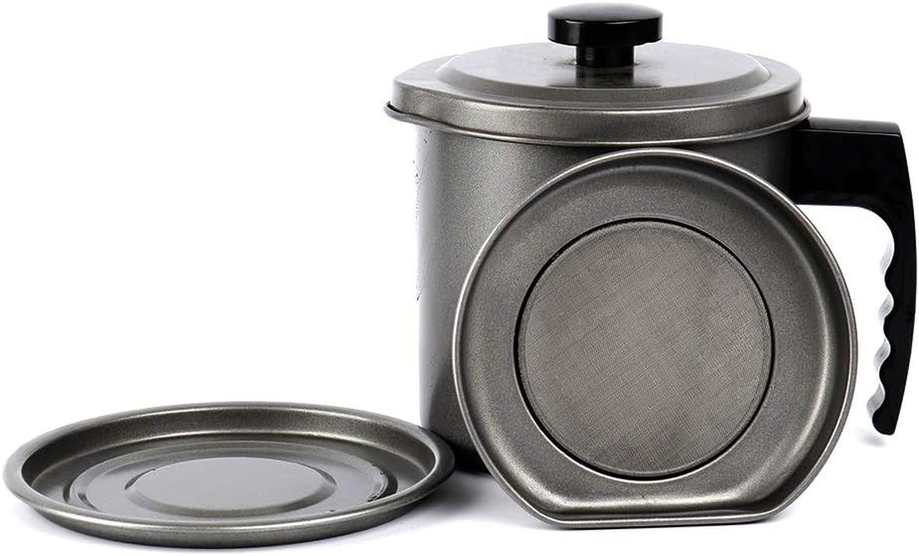 Bacon Grease Container with Strainer- 1.3 L or 5.2 Cup Iron Kitchen Oil Storage Can with Fine Mesh Strainer for Storing Hot Frying Oil, Fat (Gray)