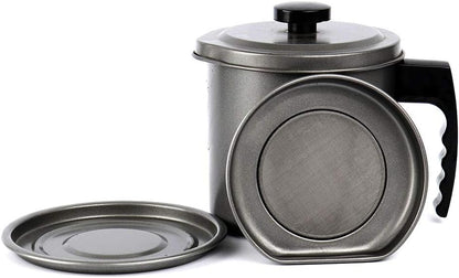 Bacon Grease Container with Strainer- 1.3 L or 5.2 Cup Iron Kitchen Oil Storage Can with Fine Mesh Strainer for Storing Hot Frying Oil, Fat (Gray)