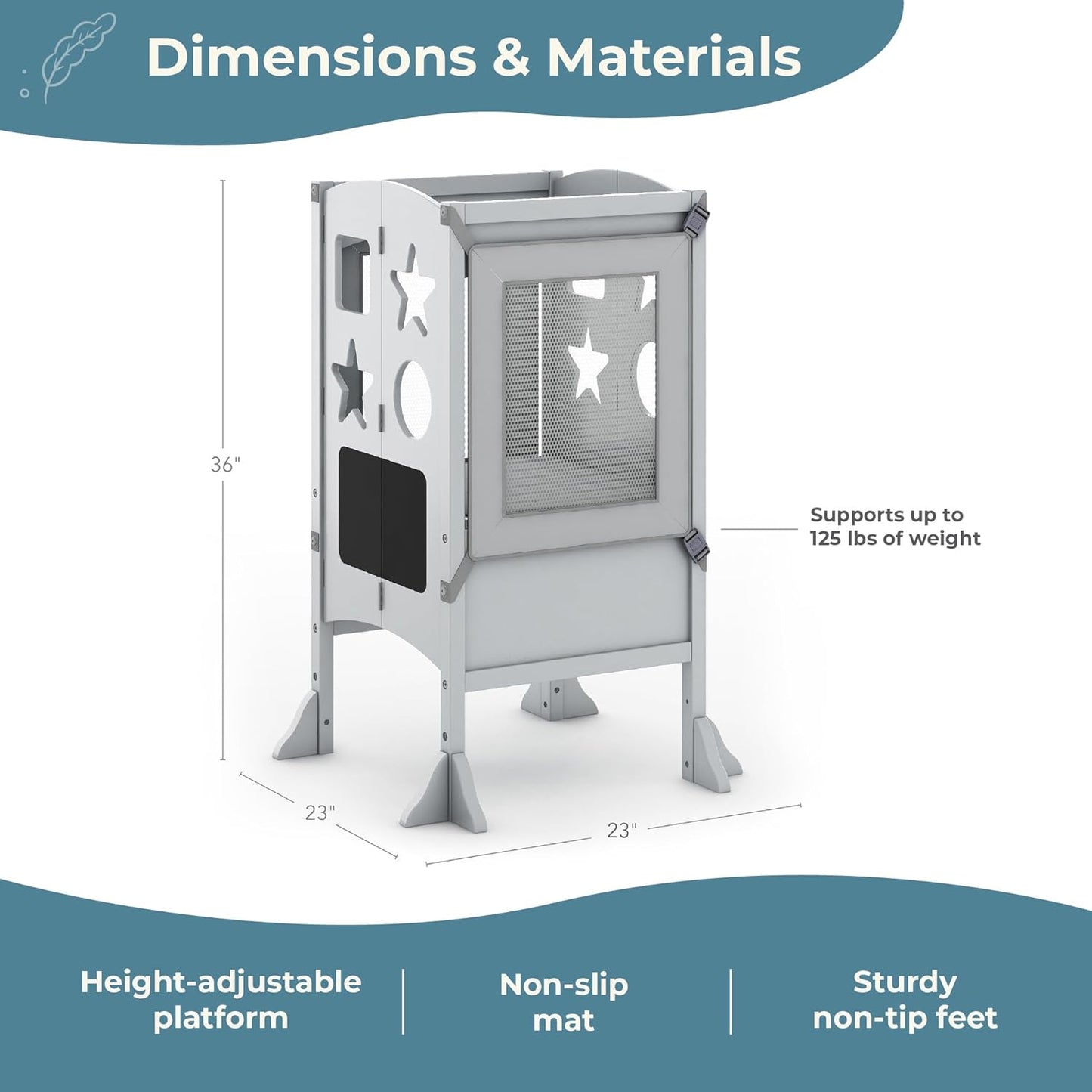 Classic Kitchen Helper® Toddler Tower - Gray: Folding and Adjustable Learning Step Stool with Chalkboard | Montessori Collapsible Safety Non-Slip Platform