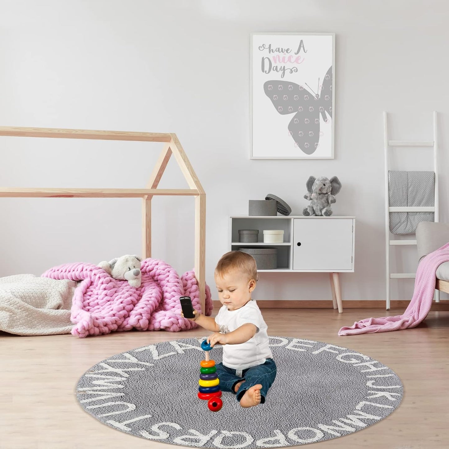 ABC Kids Rug - 59-Inch Round Cotton Alphabet Carpet in Grey and White, Soft and Educational for Playroom and Nursery