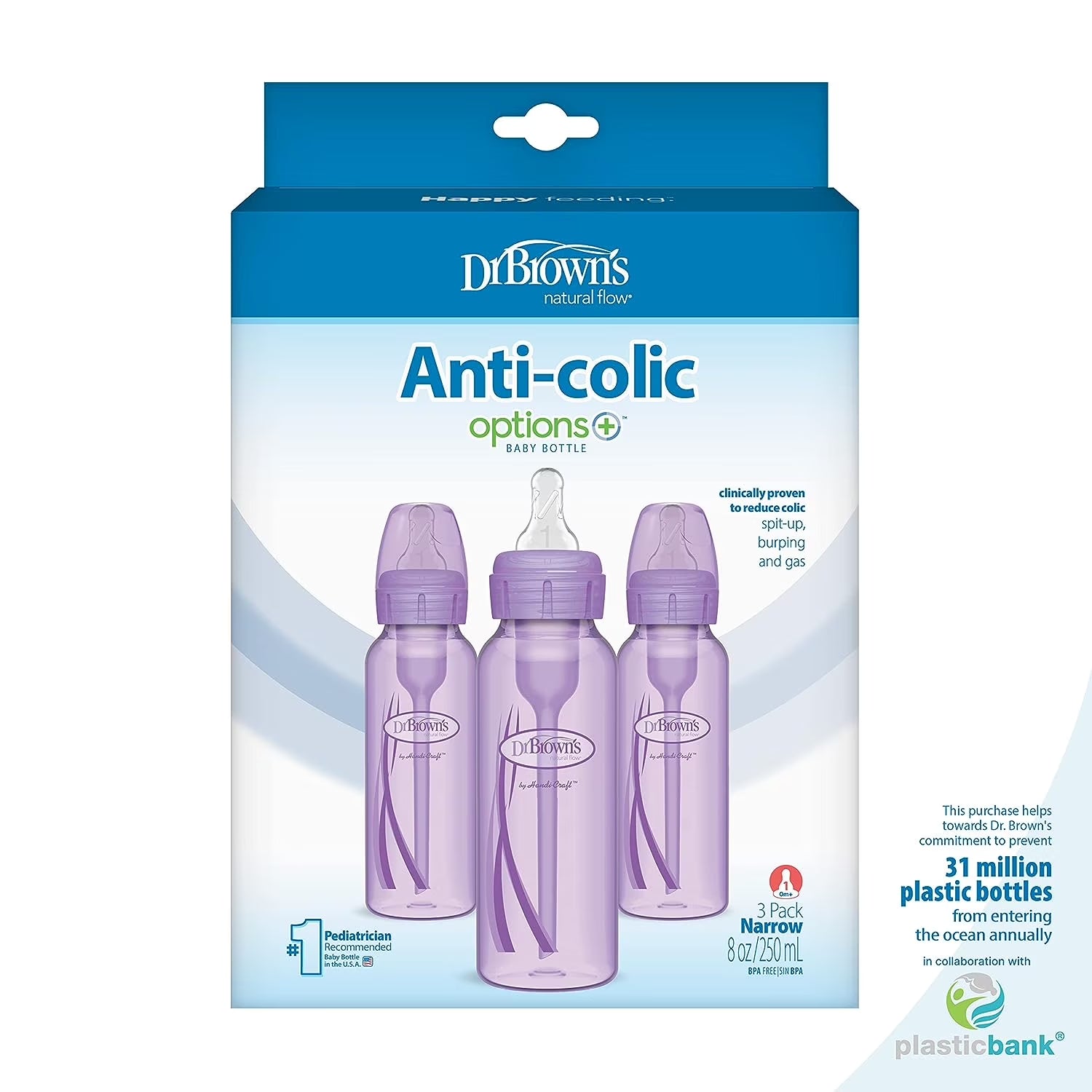Natural Flow Anti-Colic Options+ Narrow Baby Bottles, Purple, 8 oz, Slow Flow, Suitable for Newborns, Set of 3