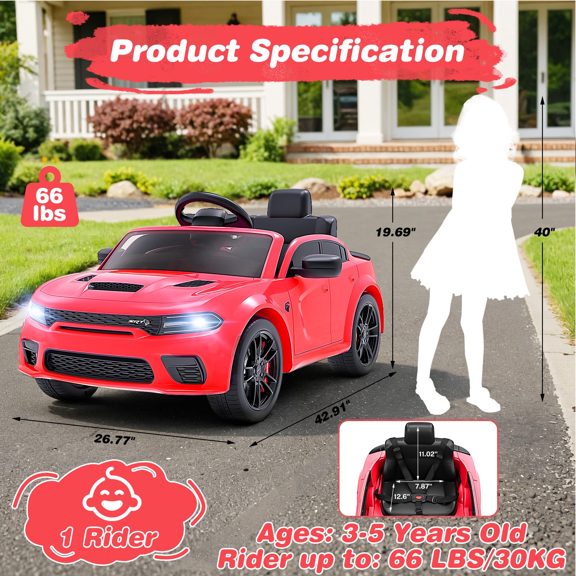 Dodge Licensed 12V Electric Ride-On Charger SRT Hellcat for Kids with Parental Remote Control, Music Player, and LED Lights - Red