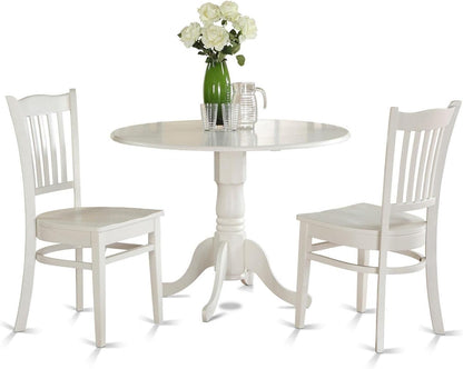 3-Piece Round Dining Table Set for Small Spaces, Featuring Dropleaf Table and 2 Wooden Chairs, 42x42 Inches, Linen White Finish