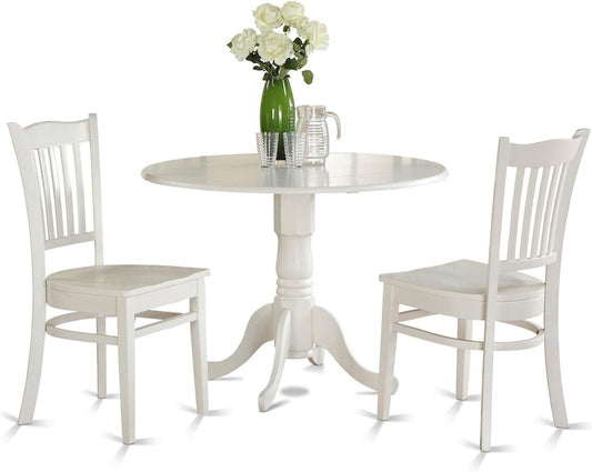 3-Piece Round Dining Table Set for Small Spaces, Featuring Dropleaf Table and 2 Wooden Chairs, 42x42 Inches, Linen White Finish