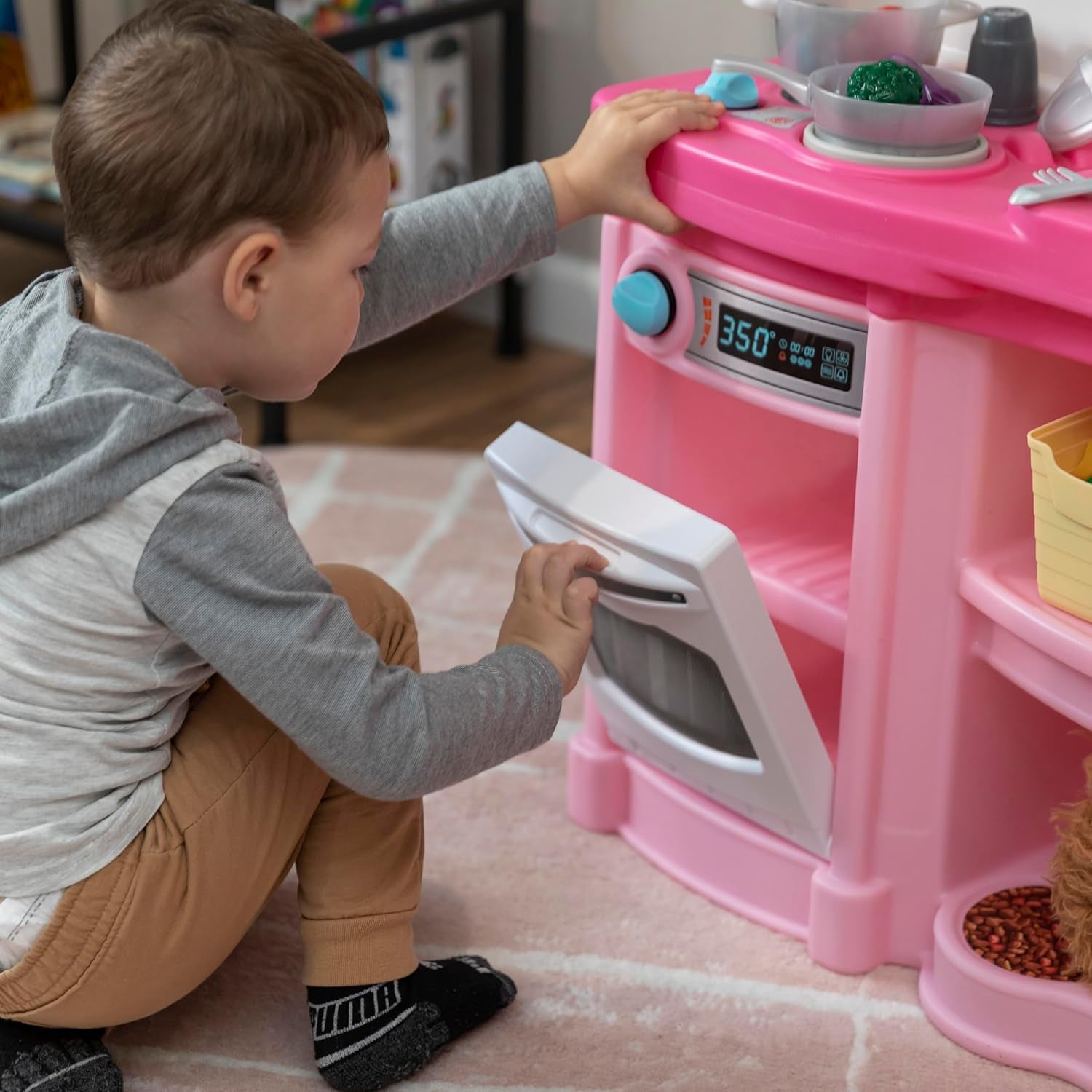 Kids Kitchen Playset with Interactive Lights and Sounds, Indoor/Outdoor Durable Plastic Kitchenette, 25-Piece Accessory Set, Ideal for Toddlers Aged 2 and Up, Pink