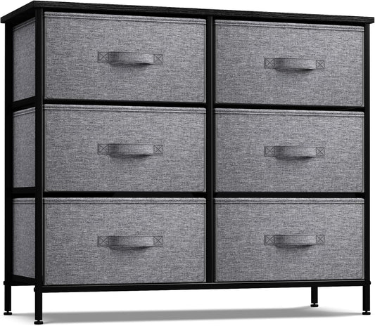 6-Drawer Dresser - Versatile Chest Organizer with Steel Frame, Wooden Top, and Convenient Fabric Bins for Clothing Storage in Bedroom, Hallway, Living Room, Nursery, and Closet