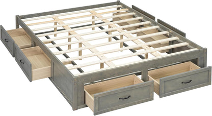 Queen Size Platform Bed, Wooden Queen Bed with 6 Storage Drawers, Antique Gray