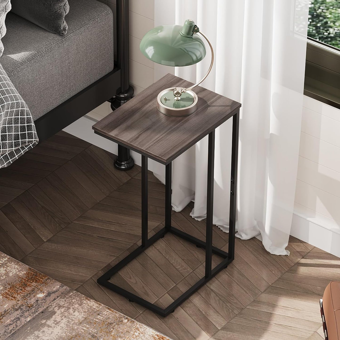Small Side Table, C Shaped End Table for Couch, Sofa and Bed, Tv Tray Table That Slides under for Living Room, Bedroom, Bedside, Gray and Black