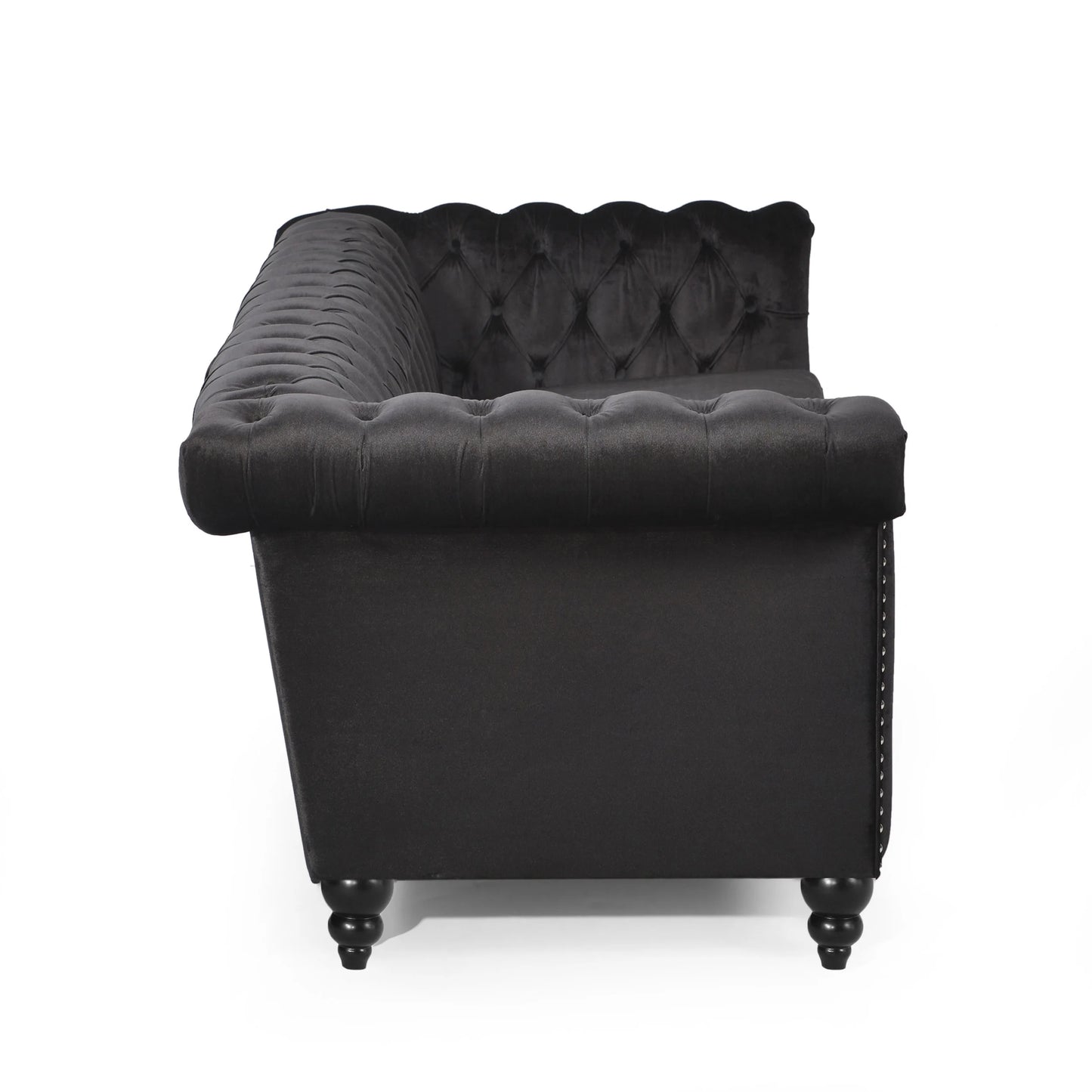 Zyiere Tufted Chesterfield Three-Seater Sofa in Black Velvet and Dark Brown