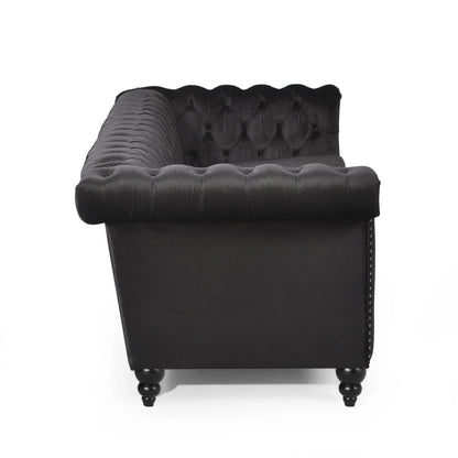 Zyiere Tufted Chesterfield Three-Seater Sofa in Black Velvet and Dark Brown