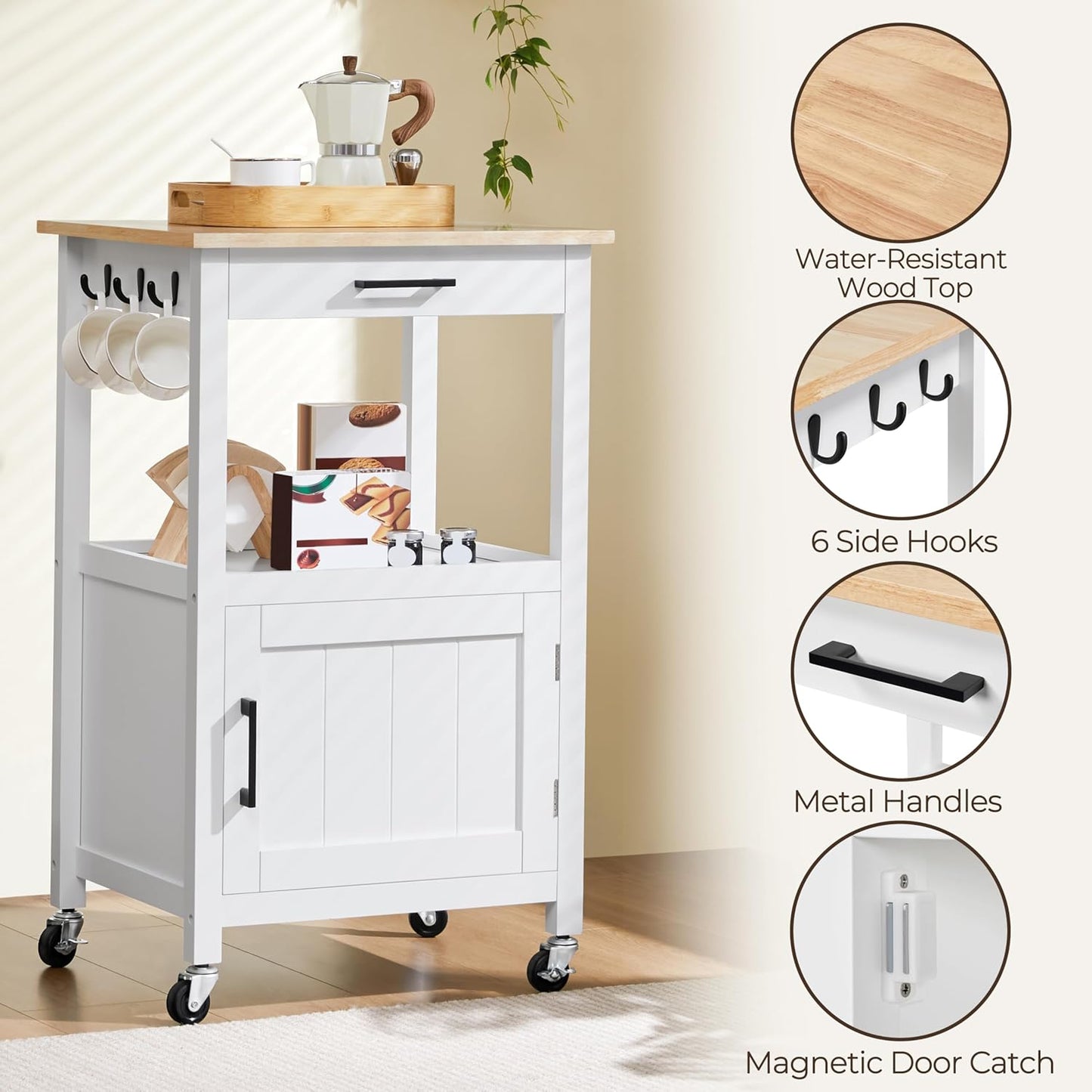 Rolling Kitchen Island Cart with Storage and Drawer, Features Wood Top and 6 Side Hooks, White Finish
