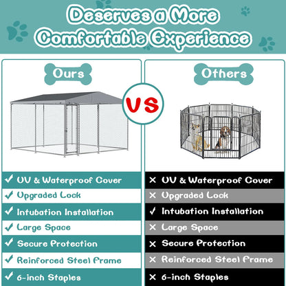 Large Outdoor Dog Kennel, Heavy Duty Dog House Playpen Galvanized Steel Pet Fence with Fully Enclosed Waterproof Uv-Resistant Cover, Stainless Steel Zip Ties and Secure Lock