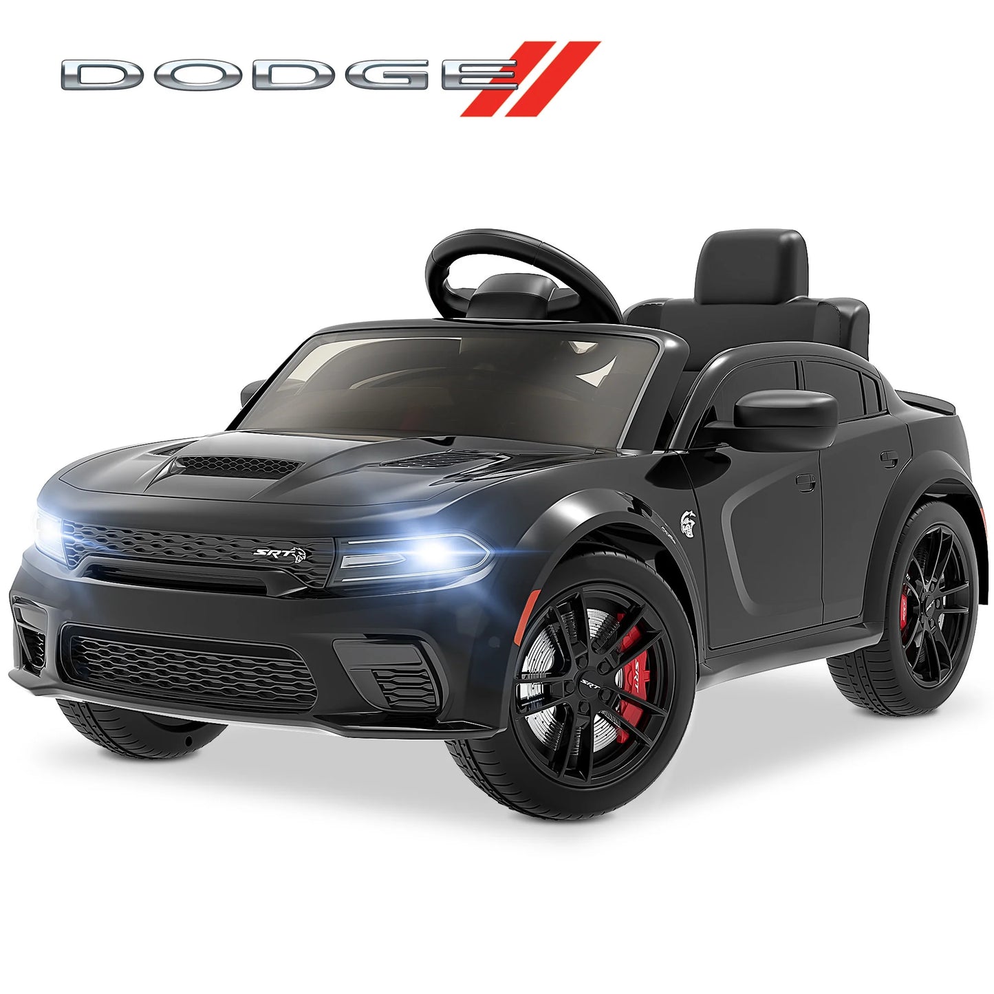 Dodge Licensed 12V Electric Ride-On Car for Kids - Charger SRT Hellcat with Parental Remote Control, Music Player, LED Lights, and Safety Belt, Black