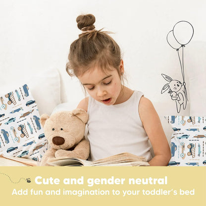 Toddler Travel Pillow with Organic Cotton Pillowcase - 13x18 My Little Dreamy Design, Soft & Breathable, Machine Washable, Ideal for Ages 2-5 (Vroom)