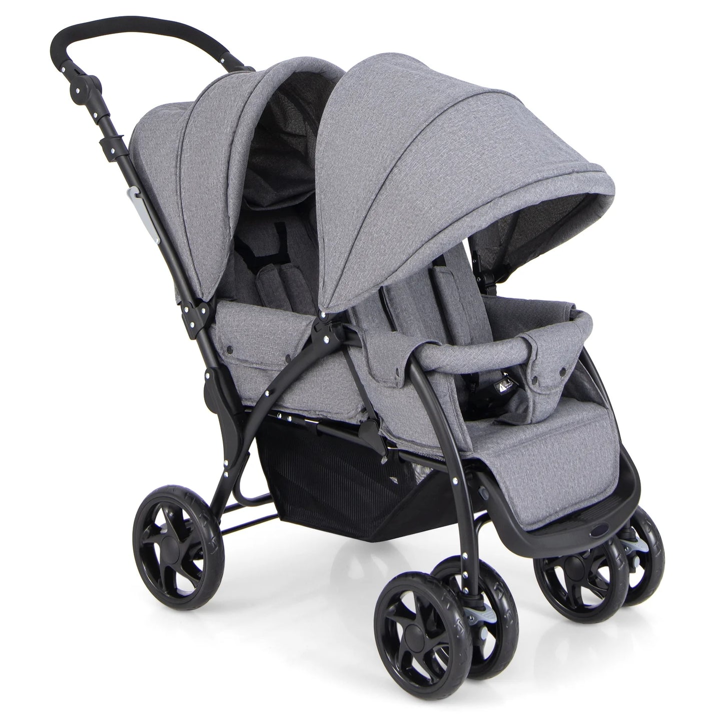Lightweight Foldable Double Stroller for Infants - Grey Travel Pushchair