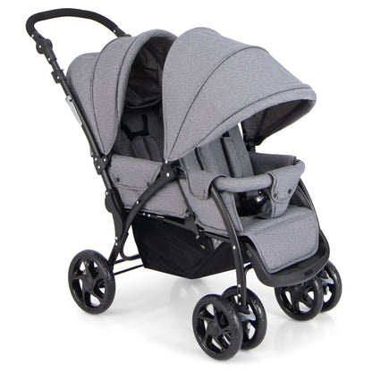 Lightweight Foldable Double Stroller for Infants - Grey Travel Pushchair