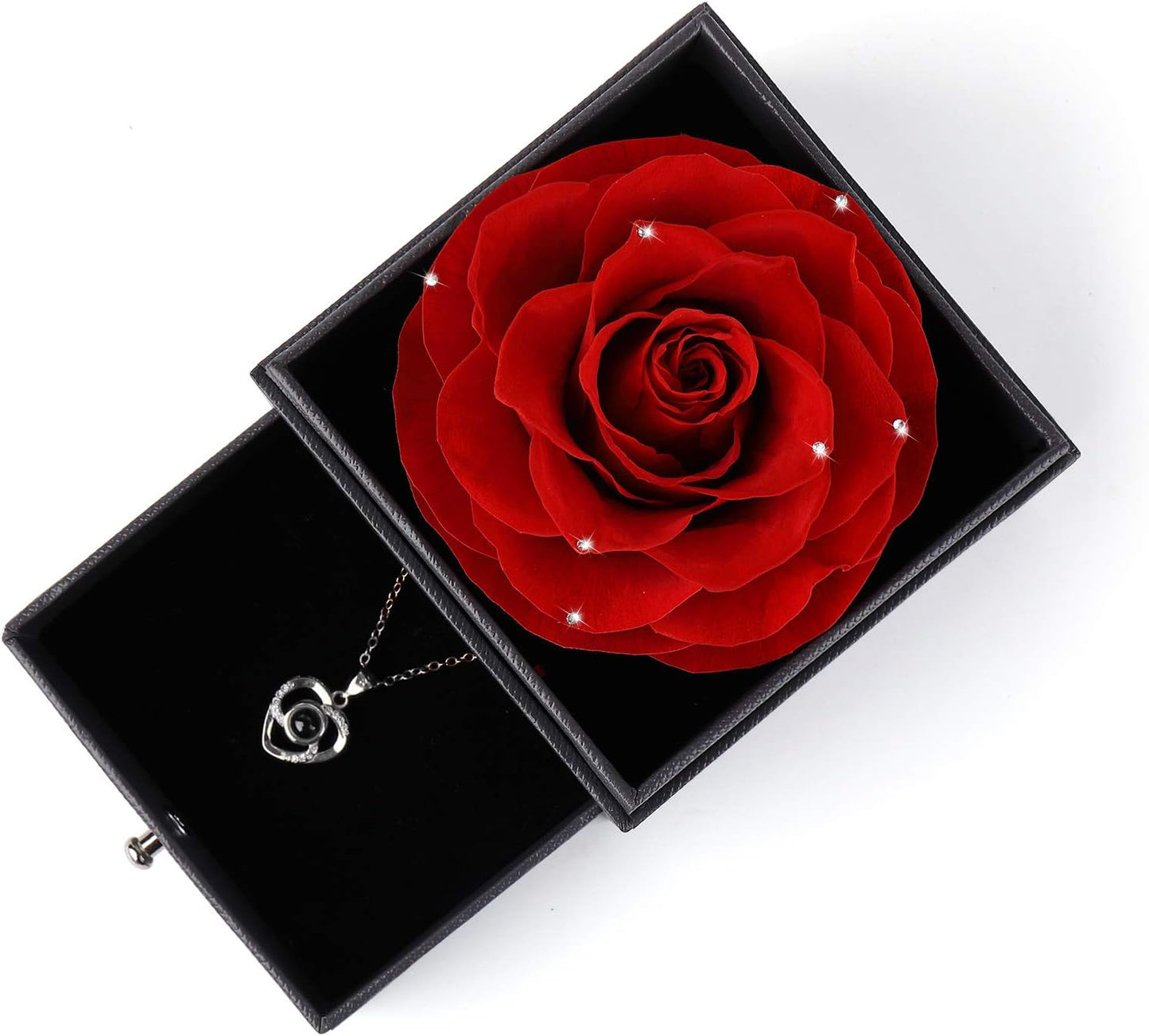 Mother's Day Gift Set: Preserved Real Flower Rose with Silver-Tone Heart Necklace - "I Love You" in 100 Languages, Enchanted Red Crystal Floral Gift for Her