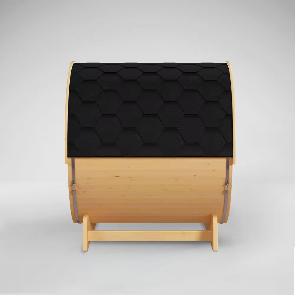Finland Pine Wet/Dry Barrel Sauna for 3-5 Persons with Front Porch Canopy and 4.5 kW ETL Certified Bitumen Shingle Roof