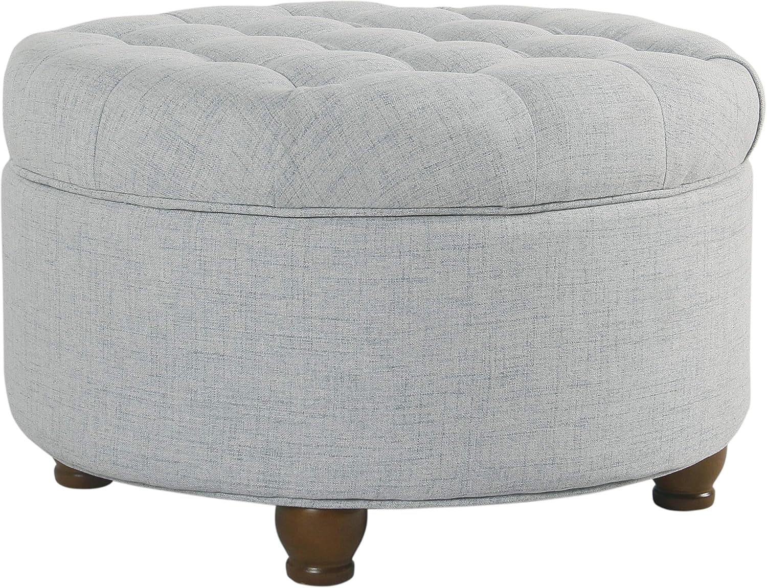Button-Tufted Round Woven Storage Ottoman in Light Blue for Living Room and Bedroom
