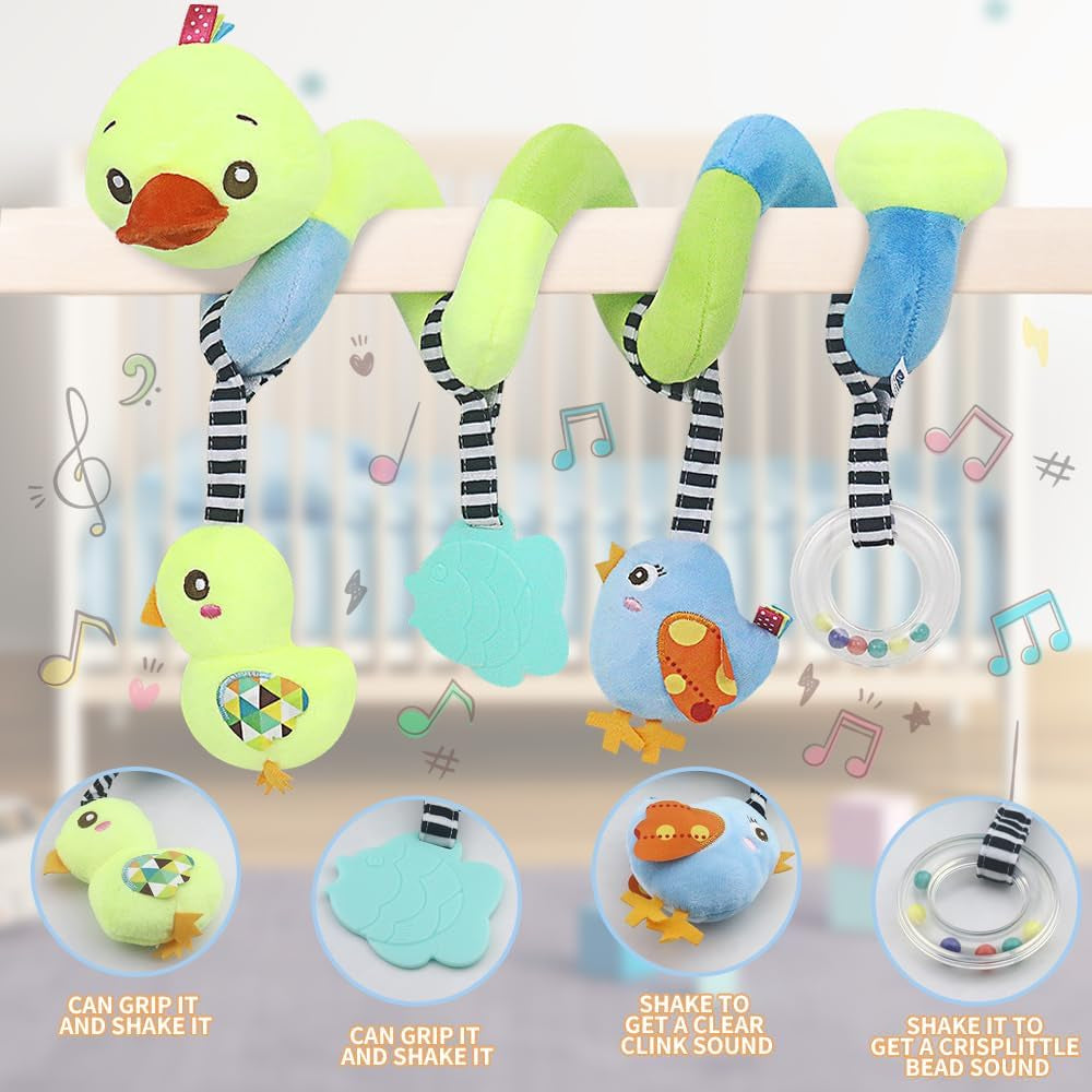 Baby Car Seat Activity Spiral Toys, Plush Crib Accessories with Squeaker for Boys and Girls (Duck Design)