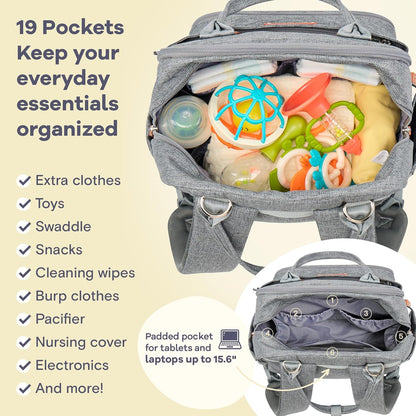 Multifunctional Travel Diaper Backpack - Features Changing Pad, Insulated Bottle Holders, Pacifier Case, Large Capacity, Waterproof Design in Gray