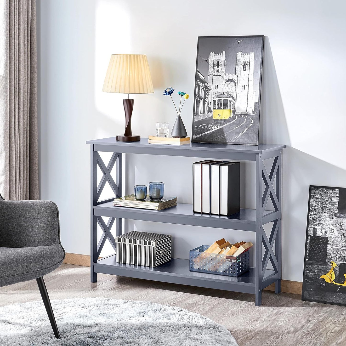 Gray Console Table with Three Storage Shelves - Slim Entryway and Sofa Side Table for Hallway and Living Room Accent Furniture