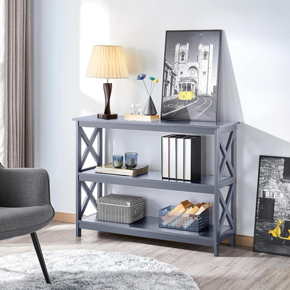 Gray Console Table with Three Storage Shelves - Slim Entryway and Sofa Side Table for Hallway and Living Room Accent Furniture