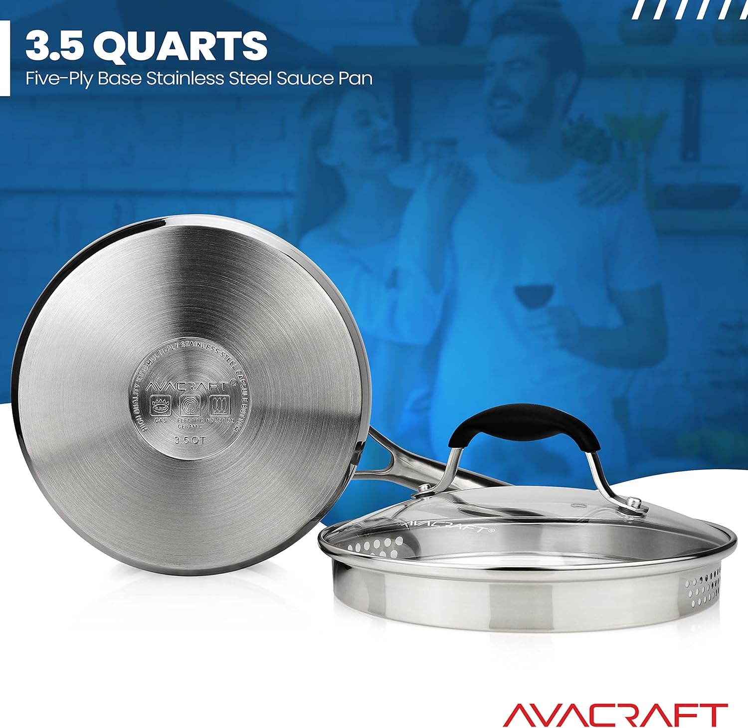 Stainless Steel Saucepan with Glass Strainer Lid, Two Side Spouts for Easy Pour with Ergonomic Handle, Multipurpose Sauce Pot (5-Ply Capsule Bottom, 3.5 Quart)