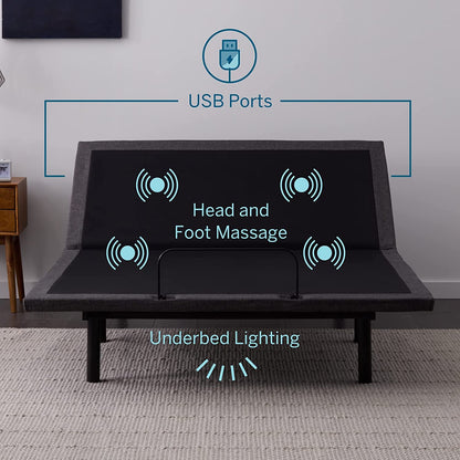 L600 Twin XL Adjustable Bed Base with Zero Gravity Feature, Bluetooth Connectivity, Companion App, Head and Foot Incline, Dual Massage Functionality, Under-Bed Lighting, Wireless Remote Control, and Dual USB Charging Ports