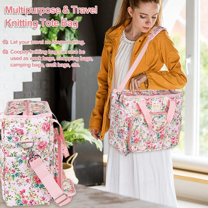Large Crochet Bag Knitting Bags and Totes Organizer, Traveling Crochet Bags Yarn Bag for Carrying Crochet Hooks, Knitting Kit, Skein Yarn Wool, Project, Knitting & Crochet Supplies, Pink Flower