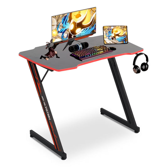 Ergonomic Z-Shaped Gaming Desk with Integrated Headphone Hook in Red