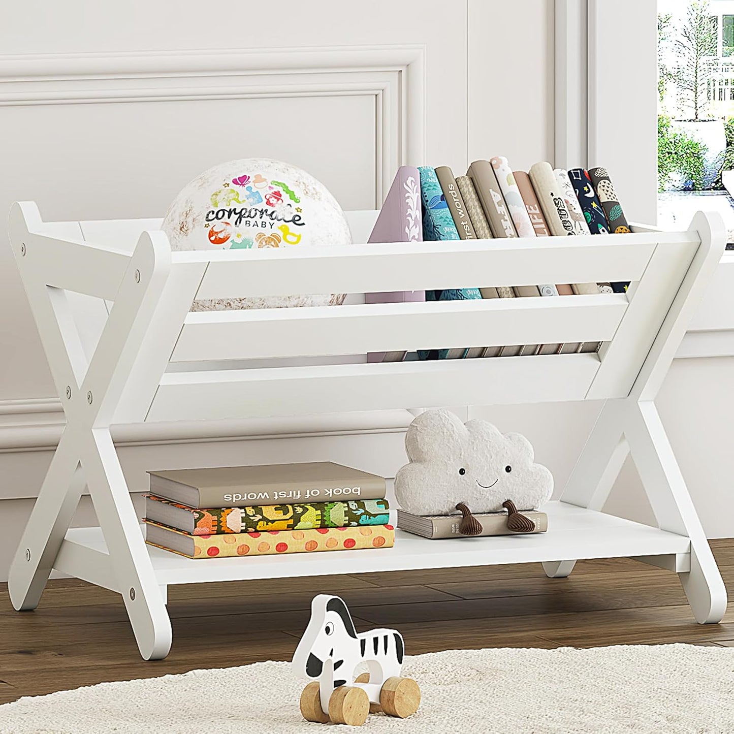 Children's Bookshelf with Caddy - Toddler Book Storage Organizer for Kids' Rooms, Nurseries, and Playrooms in White