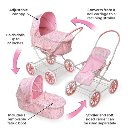 3-in-1 Pink Rosebud Doll Pram, Carrier, and Stroller Set