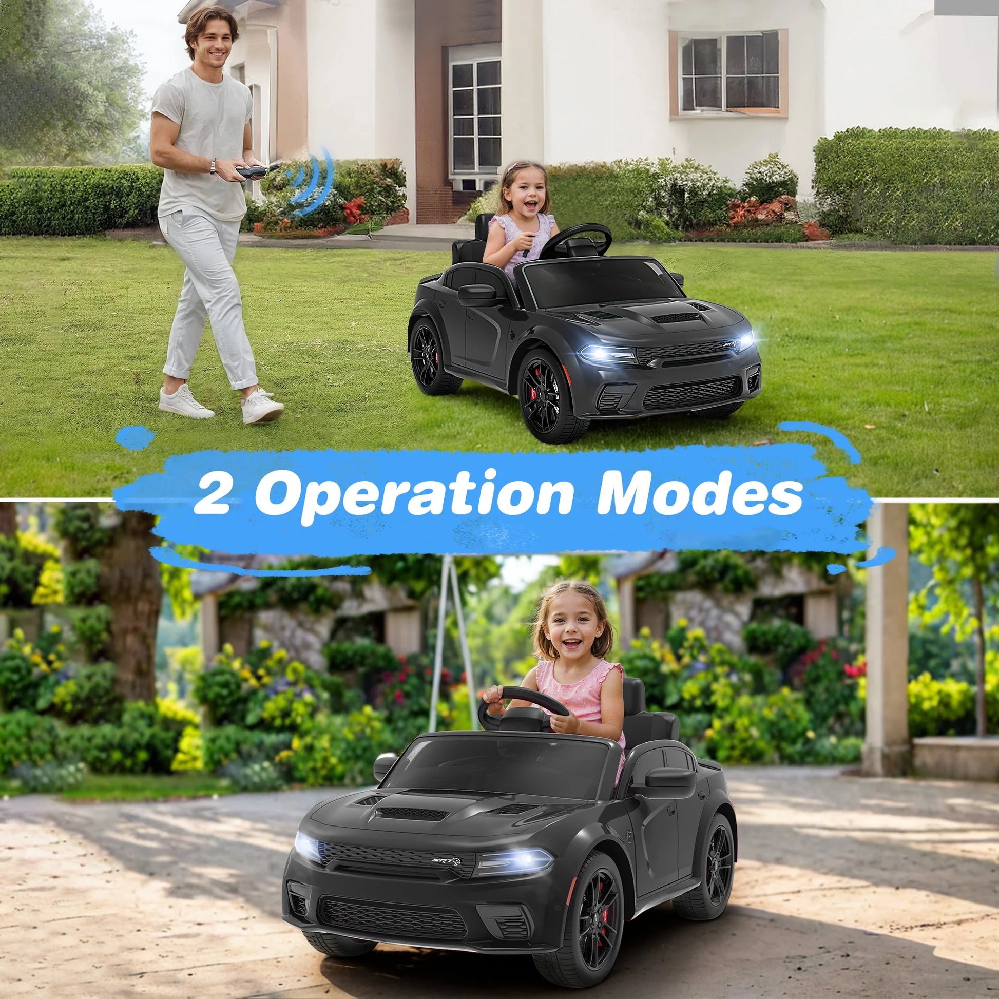 Dodge Licensed 12V Electric Ride-On Car for Kids - Charger SRT Hellcat with Parental Remote Control, Music Player, LED Lights, and Safety Belt, Black