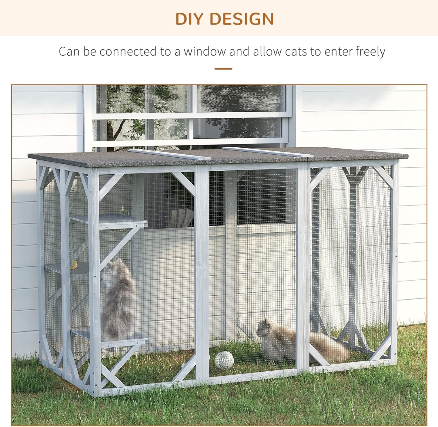 Outdoor Cat House - Wooden Feral Cat Shelter with Platforms, Large Entrance, Weather Protection Asphalt Roof, 71" L, Gray