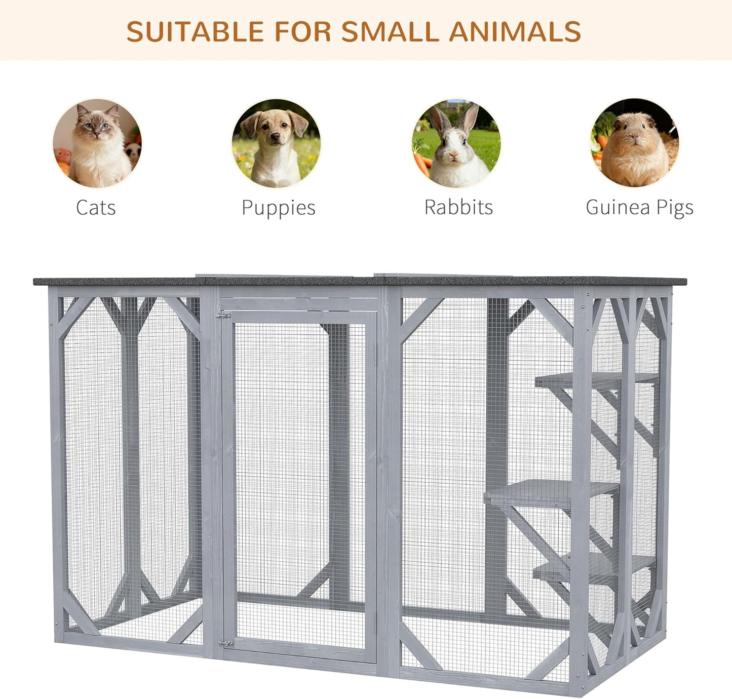 Outdoor Cat House - Wooden Feral Cat Shelter with Platforms, Large Entrance, Weather Protection Asphalt Roof, 71" L, Gray