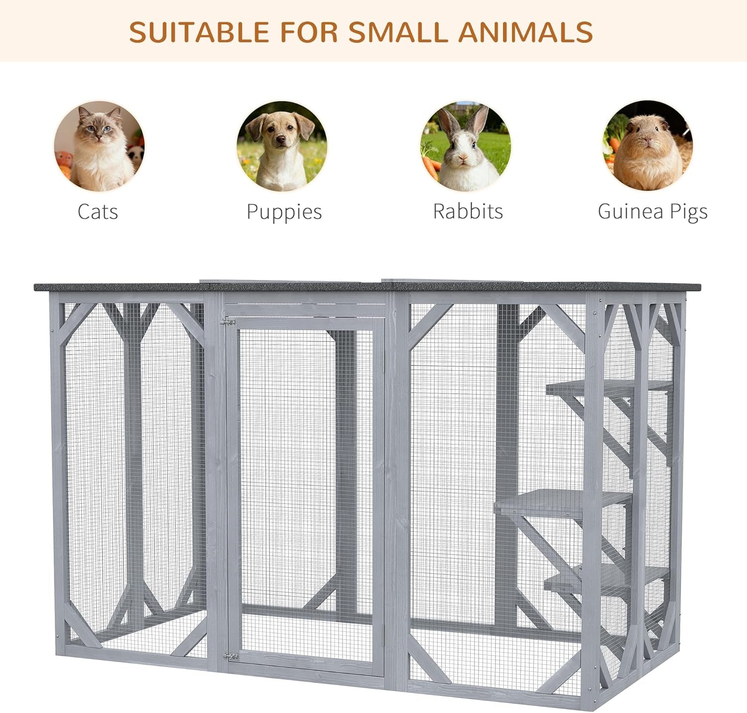 Outdoor Cat House - Wooden Feral Cat Shelter with Platforms, Large Entrance, Weather Protection Asphalt Roof, 71" L, Gray