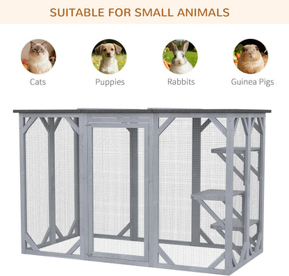 Outdoor Cat House - Wooden Feral Cat Shelter with Platforms, Large Entrance, Weather Protection Asphalt Roof, 71" L, Gray